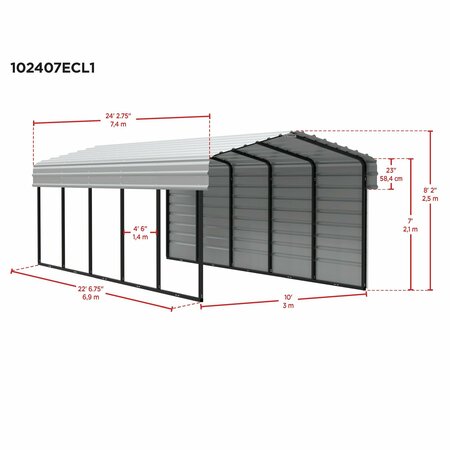 Arrow Storage Products Galvanized Steel Carport, W/ 1-Sided Enclosure, Compact Car Metal Carport Kit, 10'x24'x7', Charcoal CPHC102407ECL1